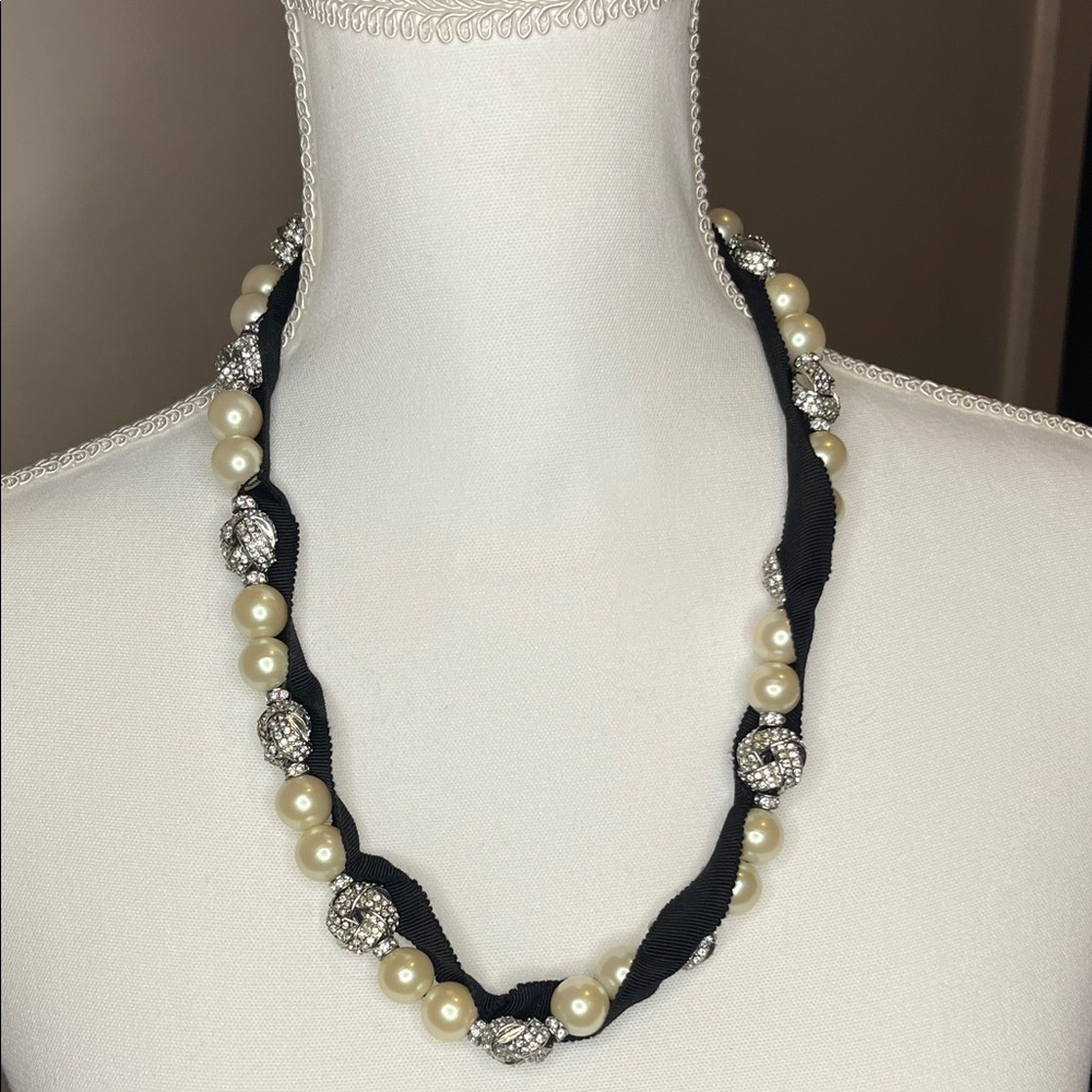 Ann Taylor Black Ribbon and Silver Pearl Necklace
